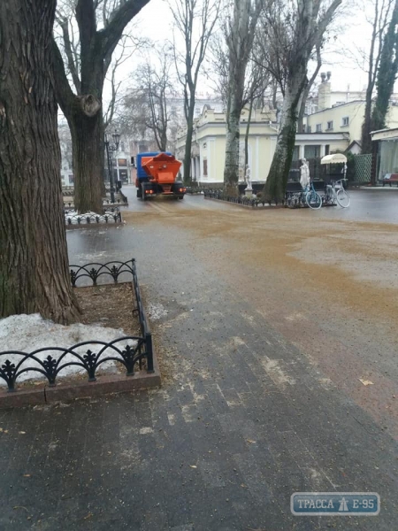 Десятки коммунальщиков посыпают солью парковые дорожки Одессы, скованные льдом