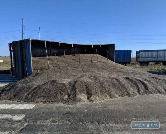 Груженная фура перевернулась под Одессой, засыпав трассу тоннами семечек (фото)
