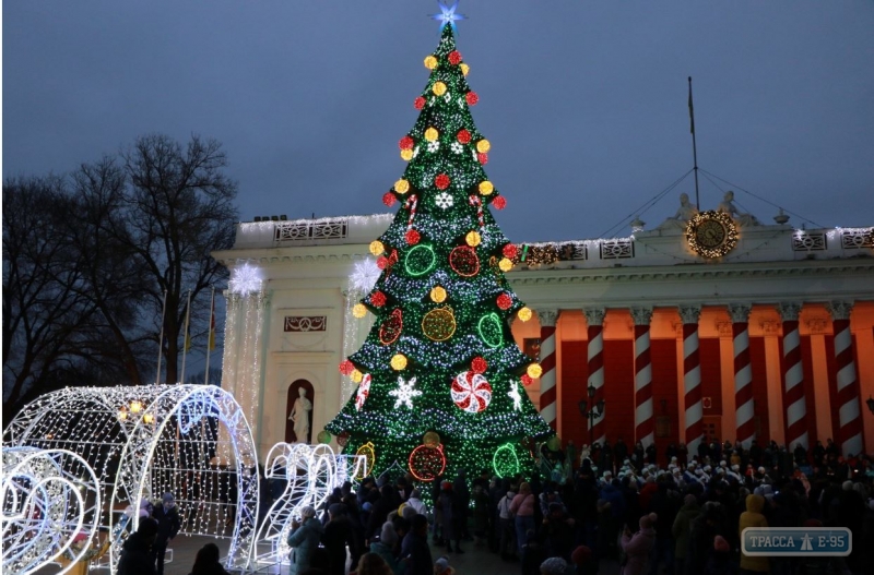 Главная новогодняя ёлка Одессы засияла огнями. Видео