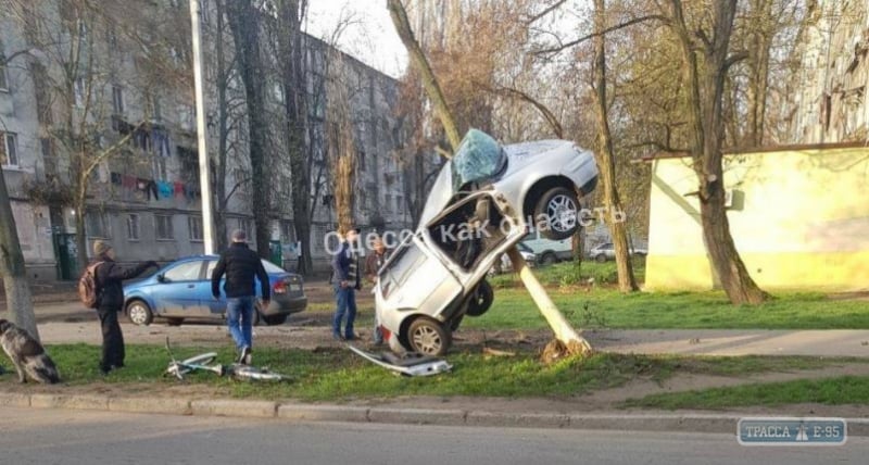 Автомобиль висел на дереве после ДТП в Одессе. Видео